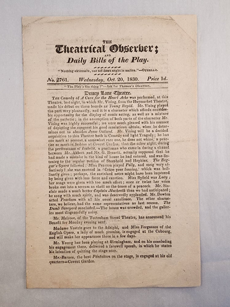 Item #48134 The Theatrical Observer; and Daily Bills of the Play, No. 2761, Wednesday, Oct. 20, 1830
